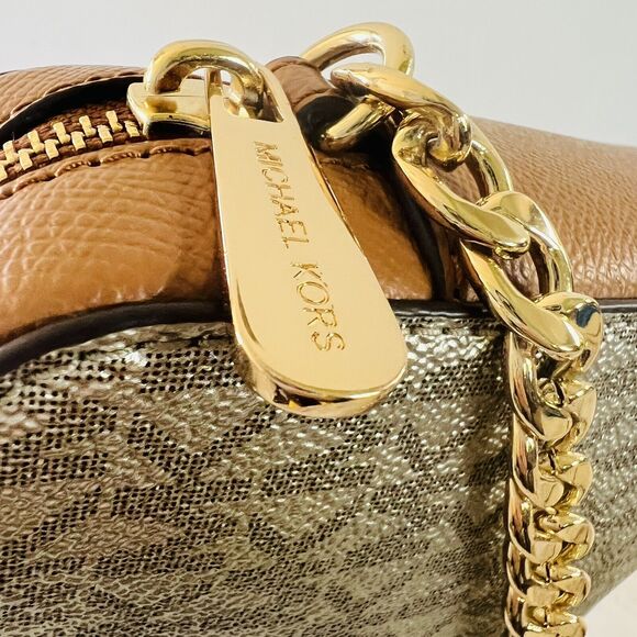 MICHAEL KORS Jet Set Item Silver Brown Leather Zip Chain East West Crossbody Bag - Picture 6 of 10